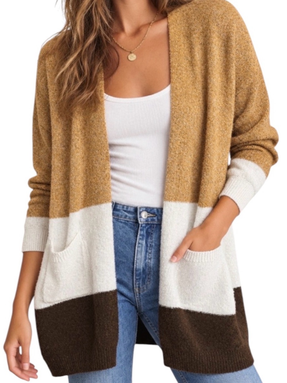 Colorblock Open-Front Cardigan Sweater - Mustard/White/Brown - Size Small